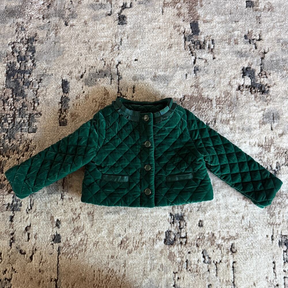 Janie and Jack Velvet Quilted Jacket 12-18 Months Enchanted Forest Green Buttons